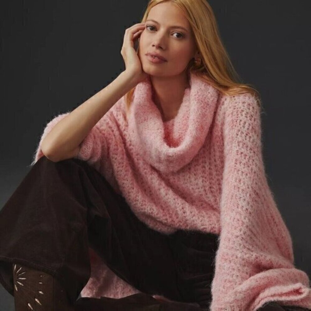 Anthropologie Funnel-Neck Poncho Size ALL Pink/Rose Hand Crafted One Size